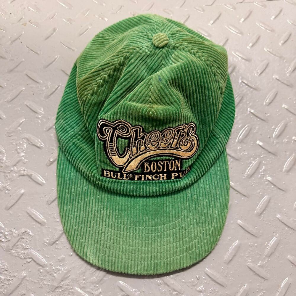 VTG DeLONG Cheers Boston Bull Finch Pub Corduroy Hat Green MADE IN USA Large